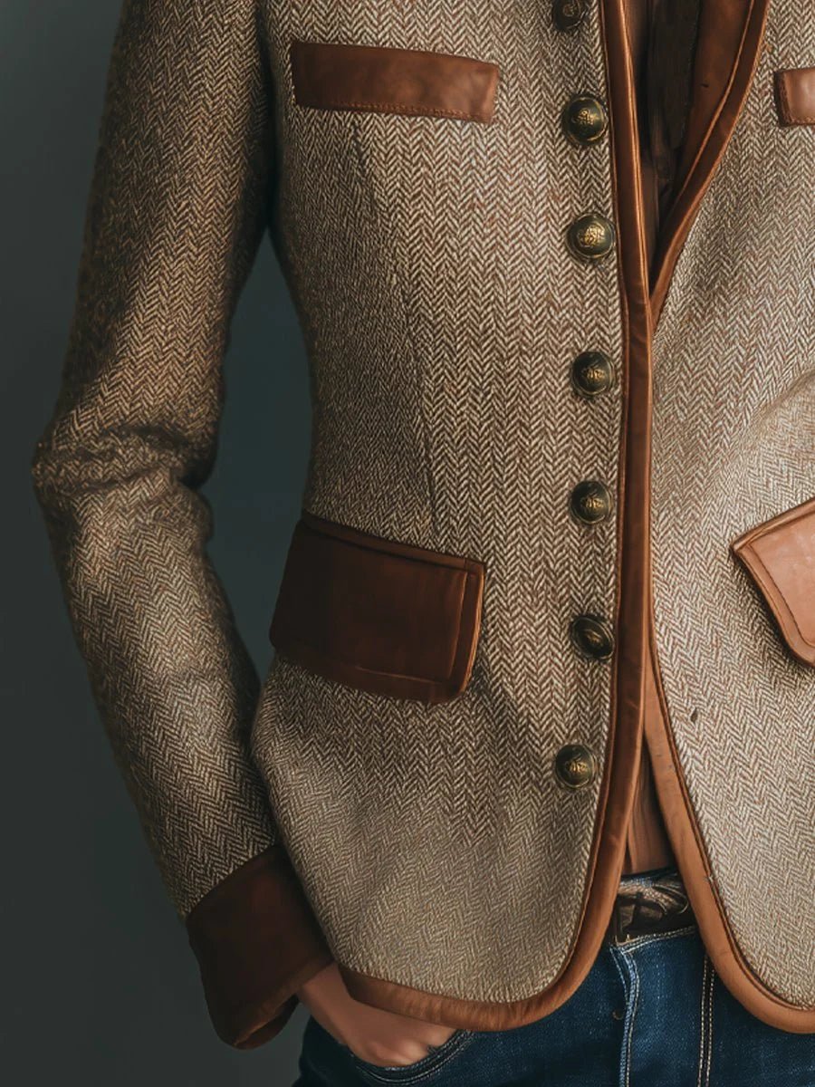 Women's Vintage Herringbone Tweed Jacket with Leather-Trim