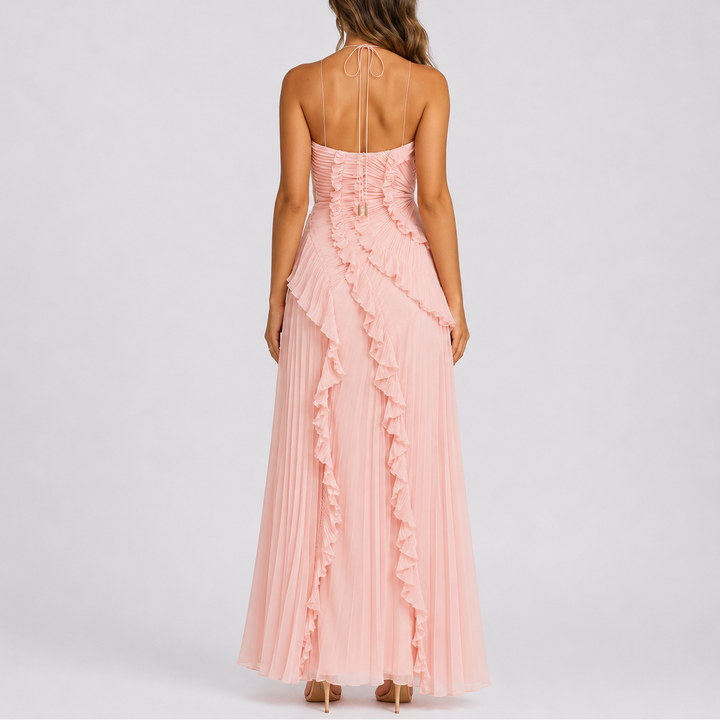 Women's Pleated Ruffle Halter Maxi Dress for Weddings & Events