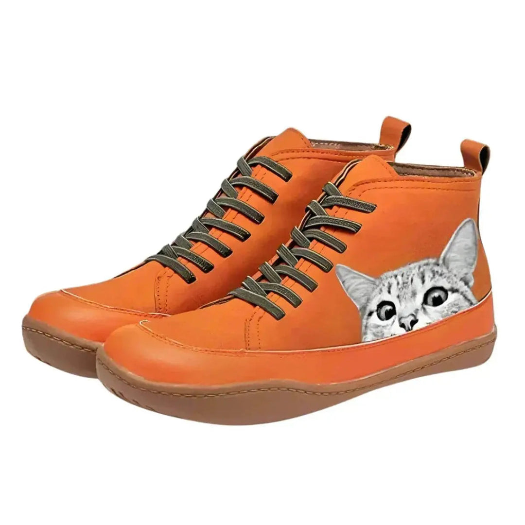 Women's Playful Cat Print High-Top Ankle Boots – Lace-Up Comfort