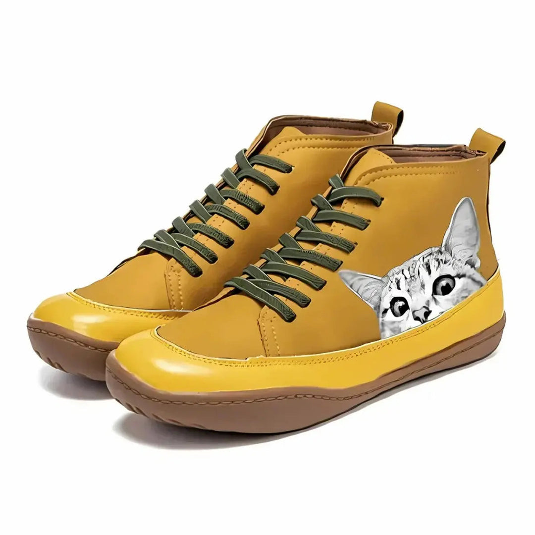Women's Playful Cat Print High-Top Ankle Boots – Lace-Up Comfort