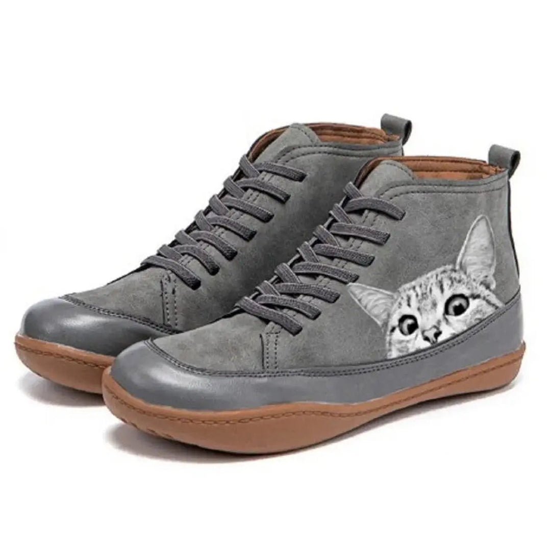 Women's Playful Cat Print High-Top Ankle Boots – Lace-Up Comfort