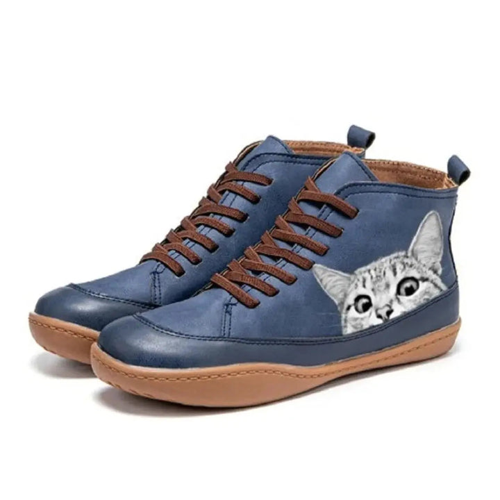 Women's Playful Cat Print High-Top Ankle Boots – Lace-Up Comfort