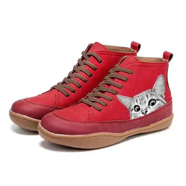 Women's Playful Cat Print High-Top Ankle Boots – Lace-Up Comfort