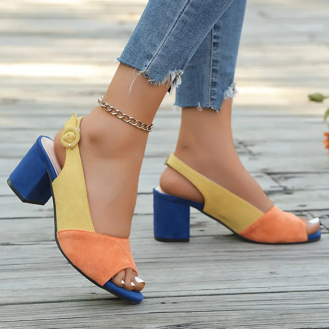Women's Color-Block Open-Toe Block-Heel Sandals with Slingback Strap
