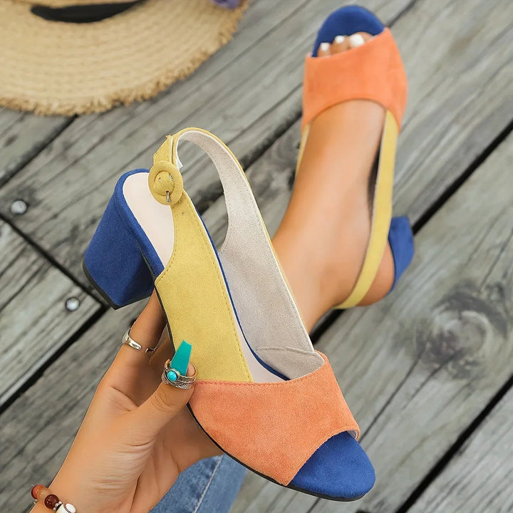 Women's Color-Block Open-Toe Block-Heel Sandals with Slingback Strap