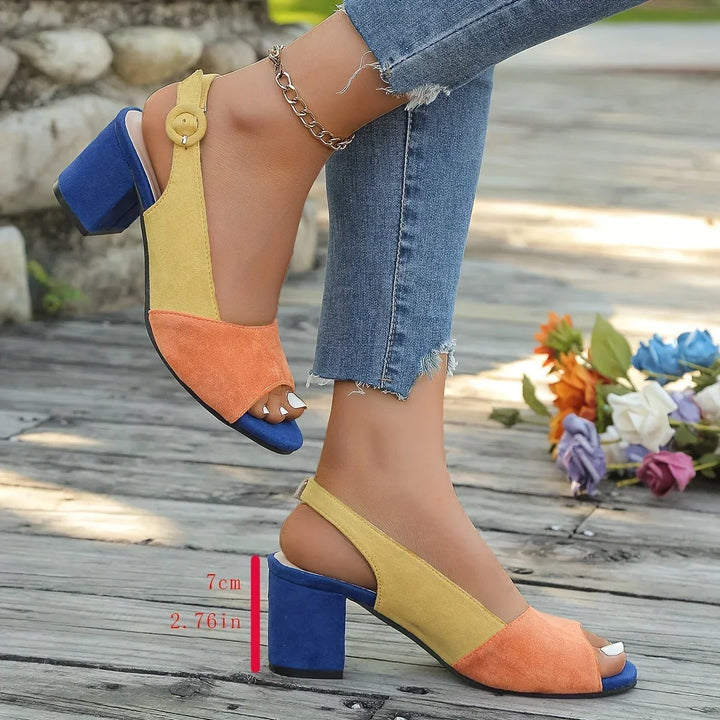 Women's Color-Block Open-Toe Block-Heel Sandals with Slingback Strap
