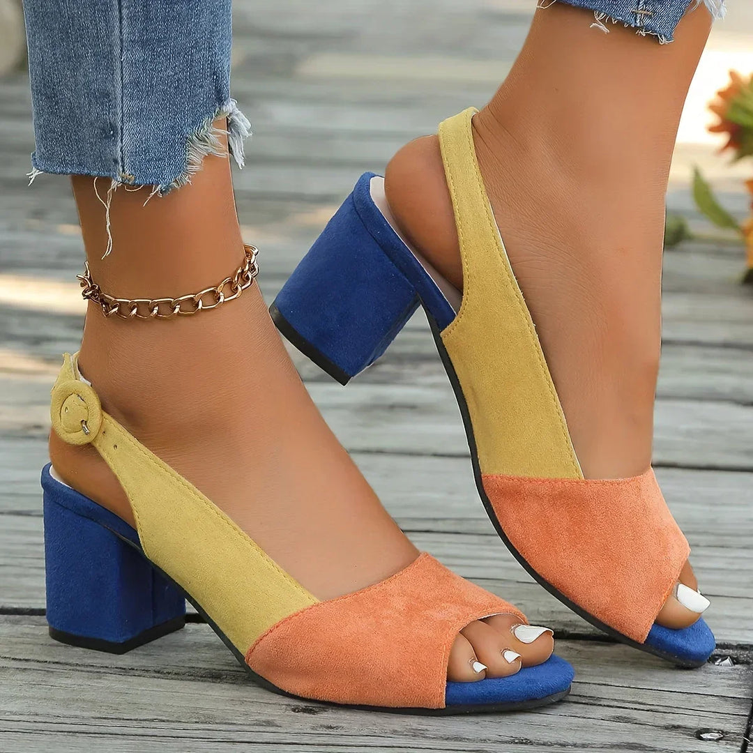 Women's Color-Block Open-Toe Block-Heel Sandals with Slingback Strap