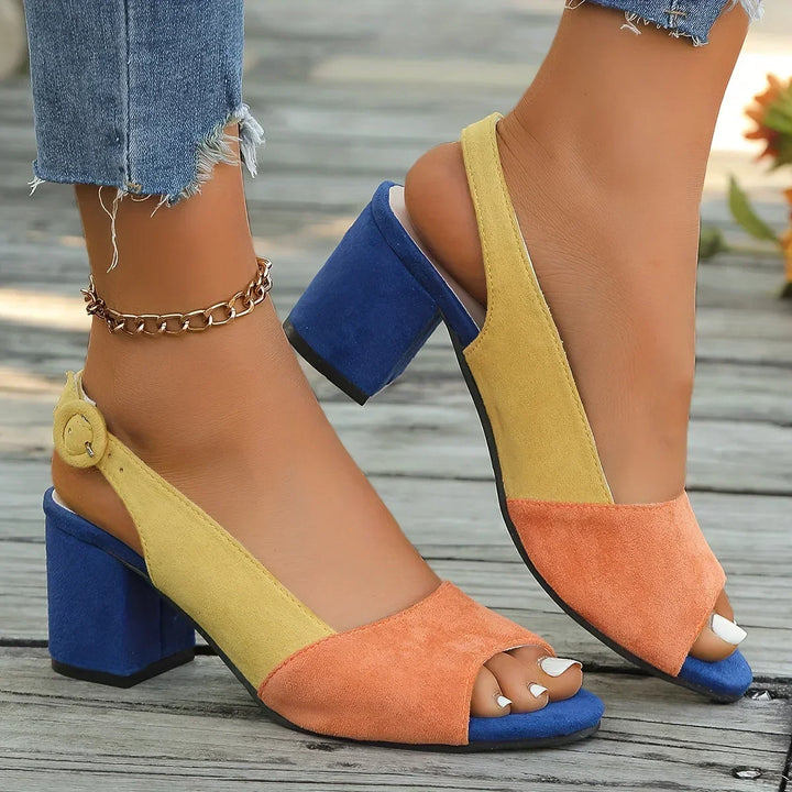 Women's Color-Block Open-Toe Block-Heel Sandals with Slingback Strap