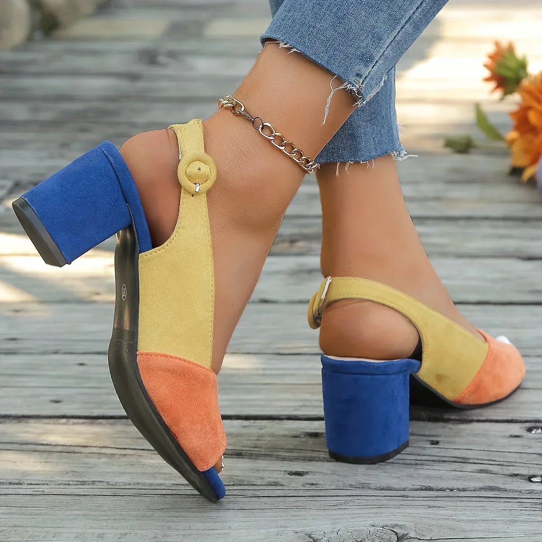 Women's Color-Block Open-Toe Block-Heel Sandals with Slingback Strap