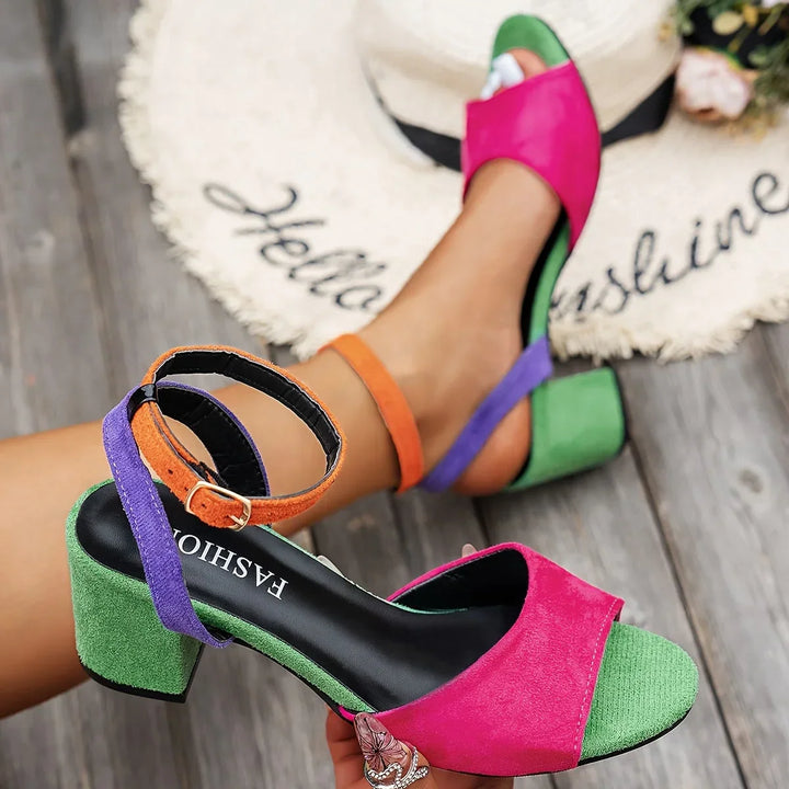 Women's Color-Block Open-Toe Block-Heel Sandals with Slingback Strap