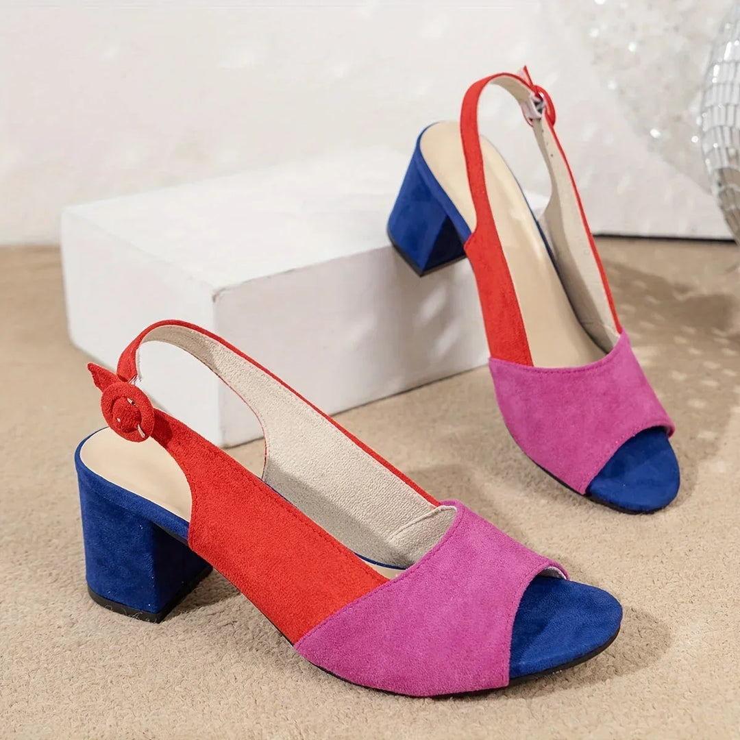 Women's Color-Block Open-Toe Block-Heel Sandals with Slingback Strap