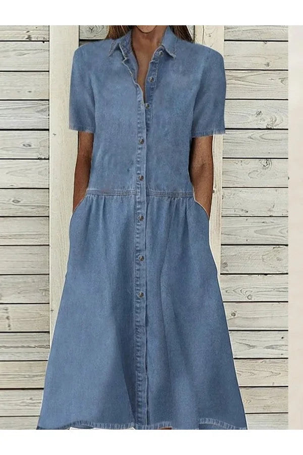 Women's Collared Button-Down Short-Sleeve Midi Dress with Pockets