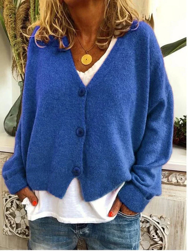 Women's Oversized V-Neck Cardigan Sweater - Long Sleeve Button Front