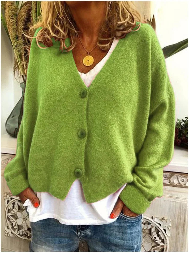 Women's Oversized V-Neck Cardigan Sweater - Long Sleeve Button Front