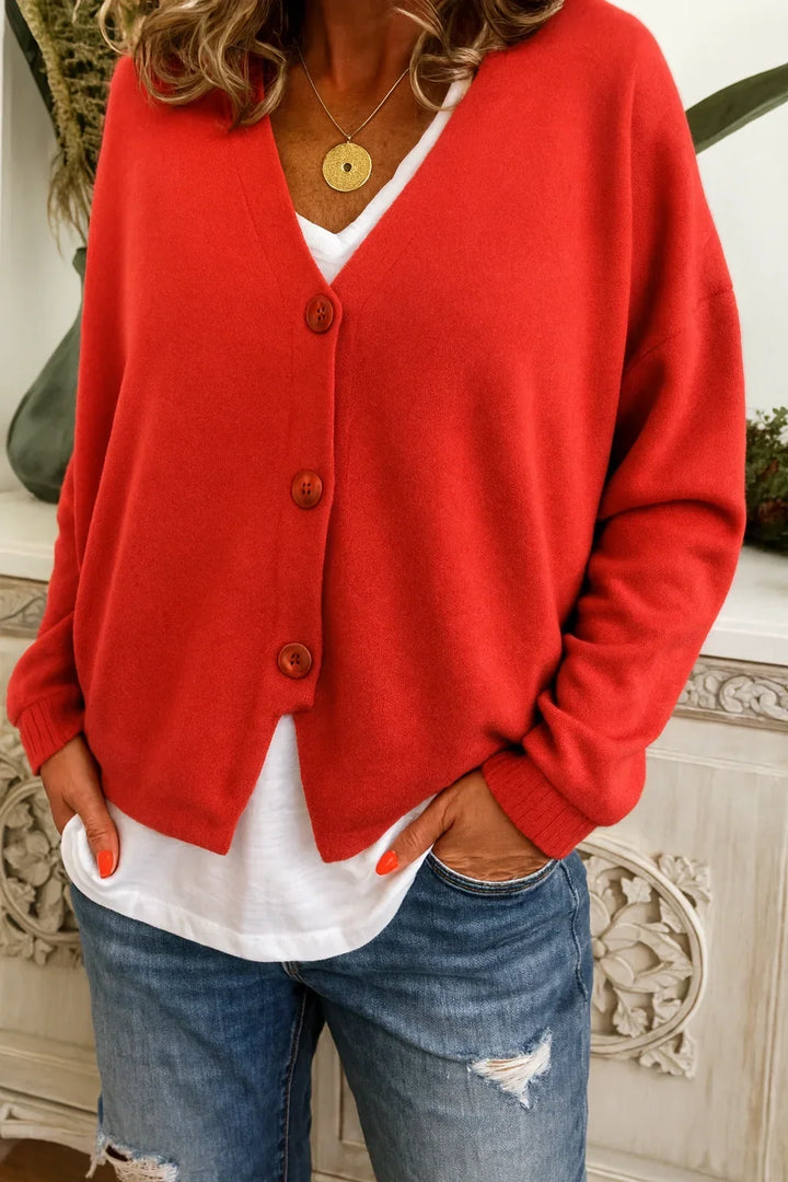 Women's Oversized V-Neck Cardigan Sweater - Long Sleeve Button Front