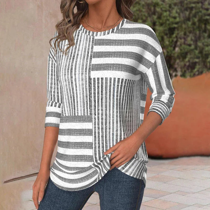 Women's Patchwork Striped Blouse with 3/4 Sleeves & Crew Neck