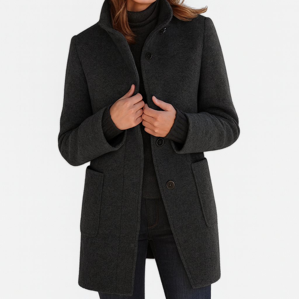 Women's Stand Collar Mid-Length Coat with Front Pockets