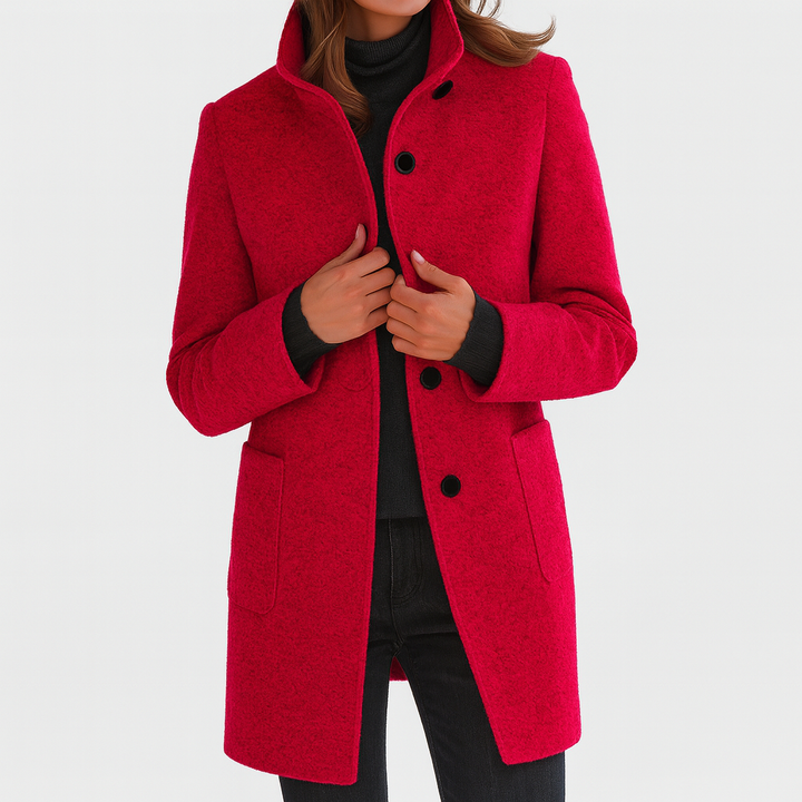 Women's Stand Collar Mid-Length Coat with Front Pockets