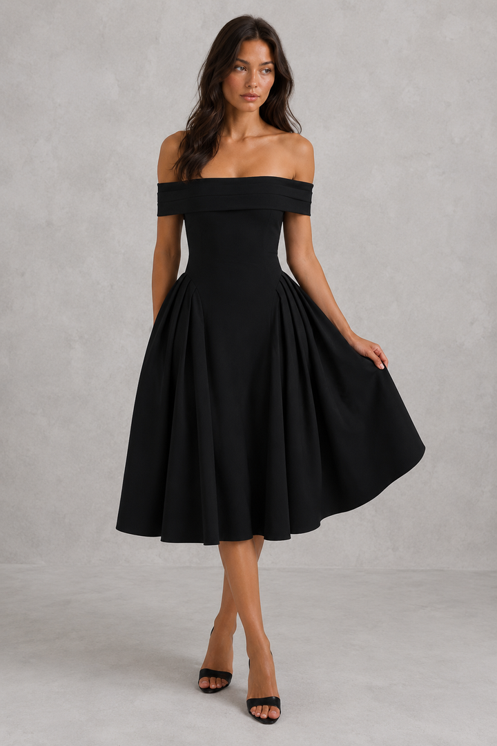 Women’s Off-Shoulder Pleated Midi Dress for Evening & Special Occasions