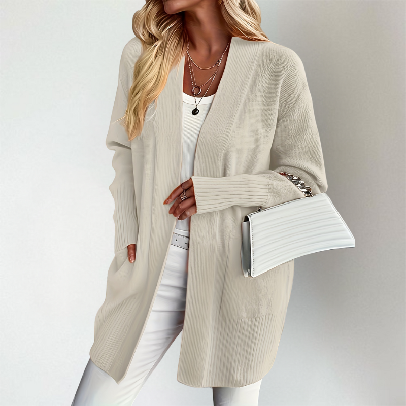 Women's Open Front Cardigan Knitted Cardigan with Long Sleeves, view 6 - Elena Harper