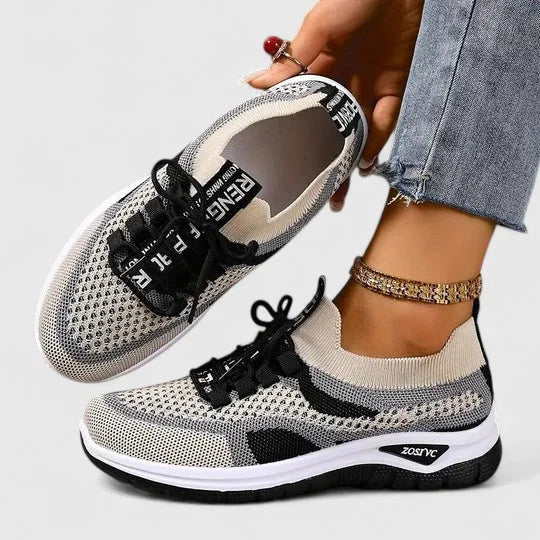 Women's Orthopedic Lace-Up Walking Sneakers with Striped Design