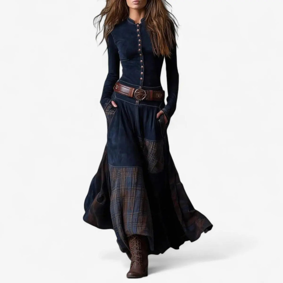 Women's Patchwork Maxi Dress with Long Sleeves & Button Front