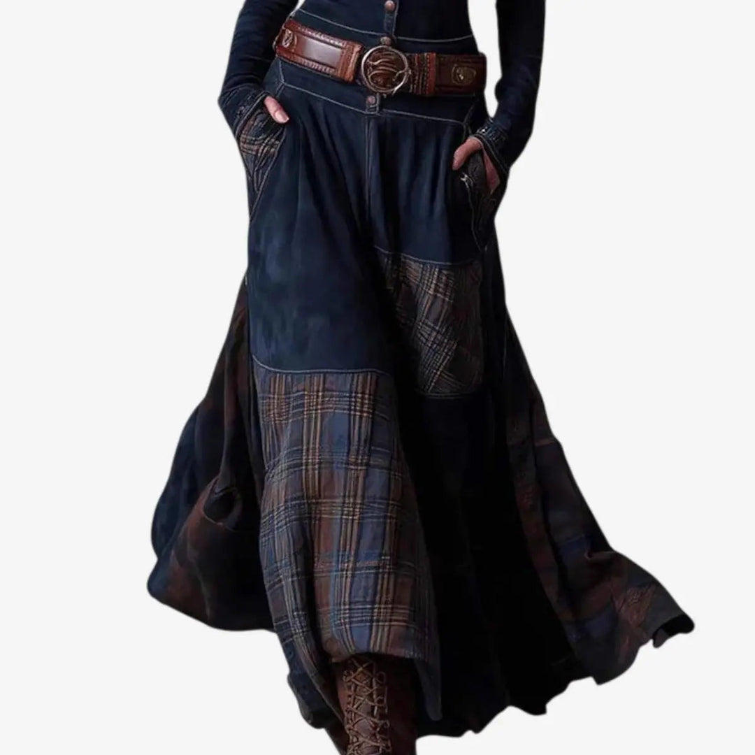Women's Patchwork Maxi Dress with Long Sleeves & Button Front