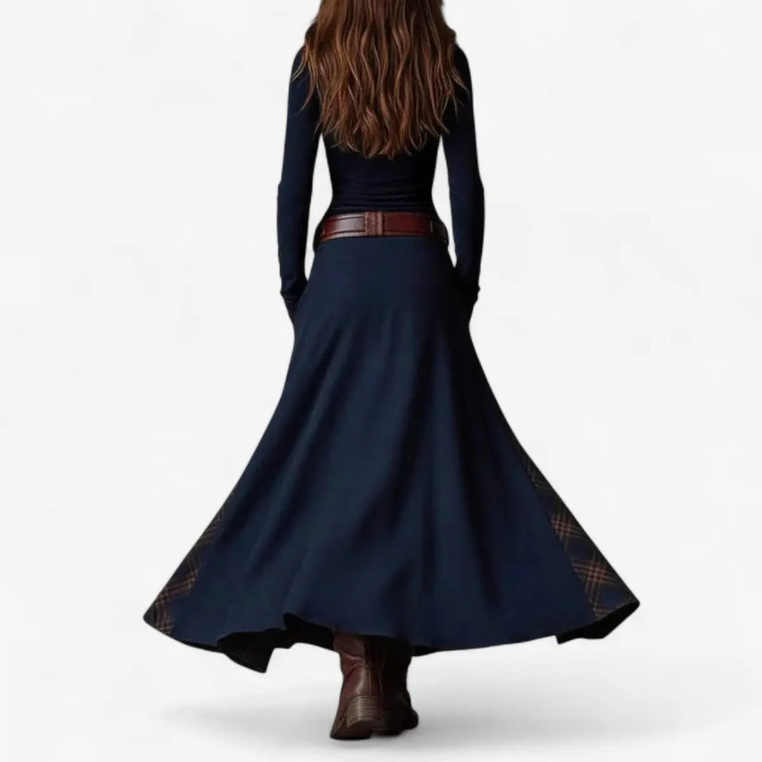 Women's Patchwork Maxi Dress with Long Sleeves & Button Front