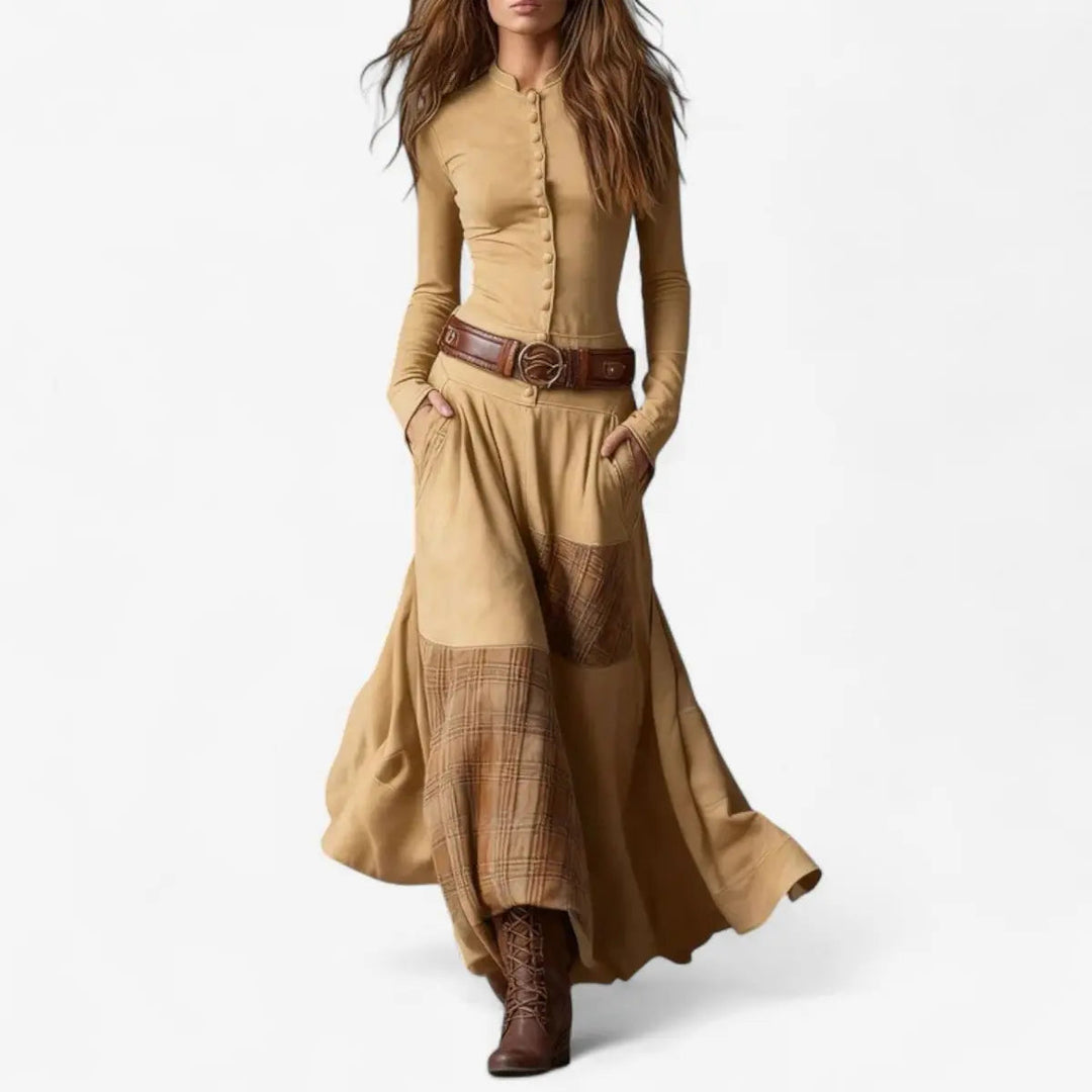 Women's Patchwork Maxi Dress with Long Sleeves & Button Front