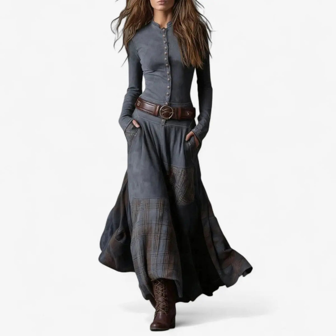 Women's Patchwork Maxi Dress with Long Sleeves & Button Front