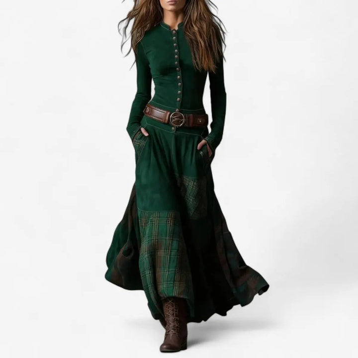 Women's Patchwork Maxi Dress with Long Sleeves & Button Front