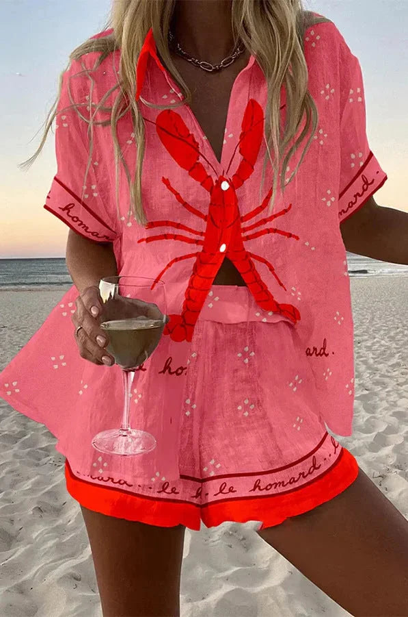 Women's Pink Lobster Print Shirt & Shorts Set - Elena Harper