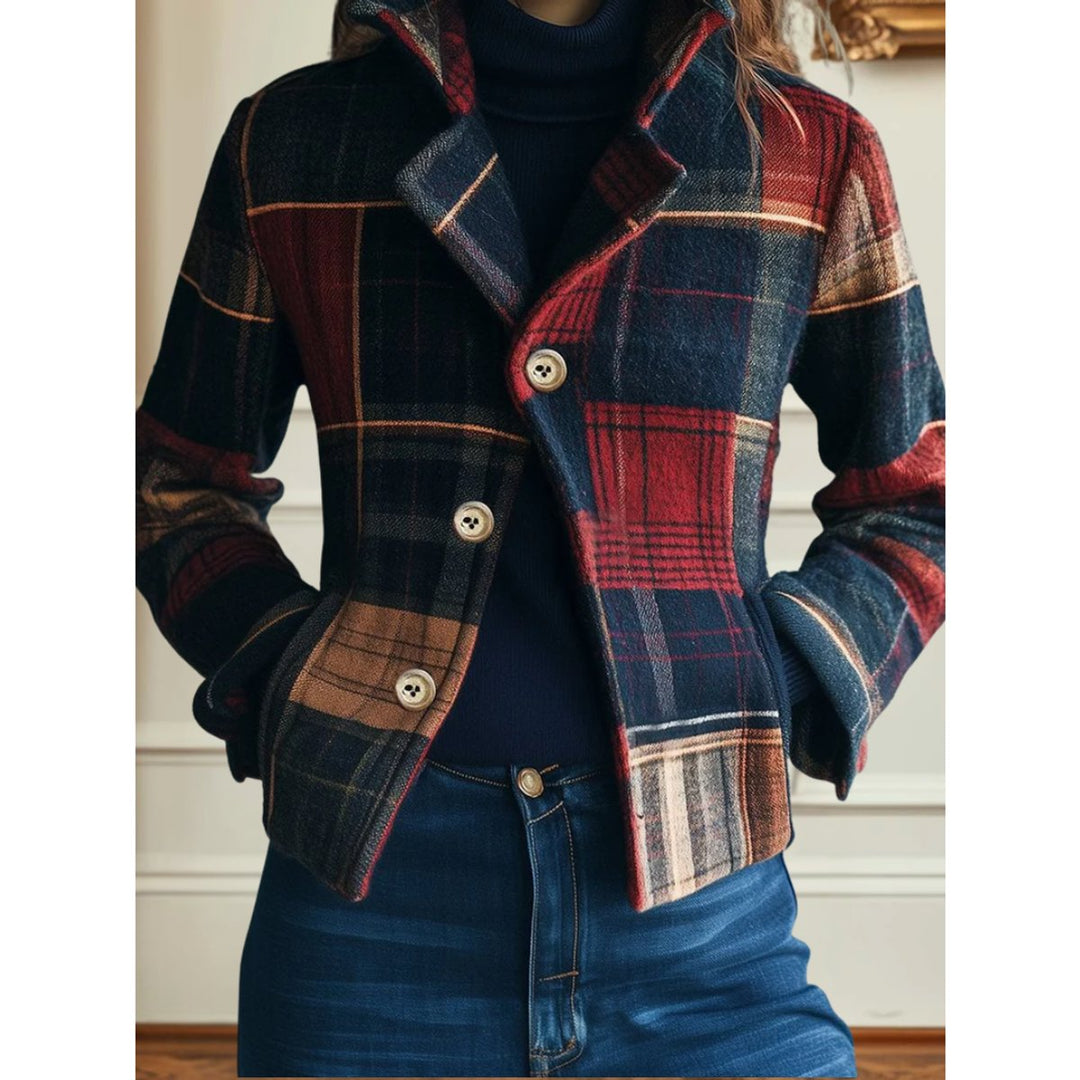 Edith Women's Plaid Patchwork Cropped Jacket in Navy and Red - Elena Harper
