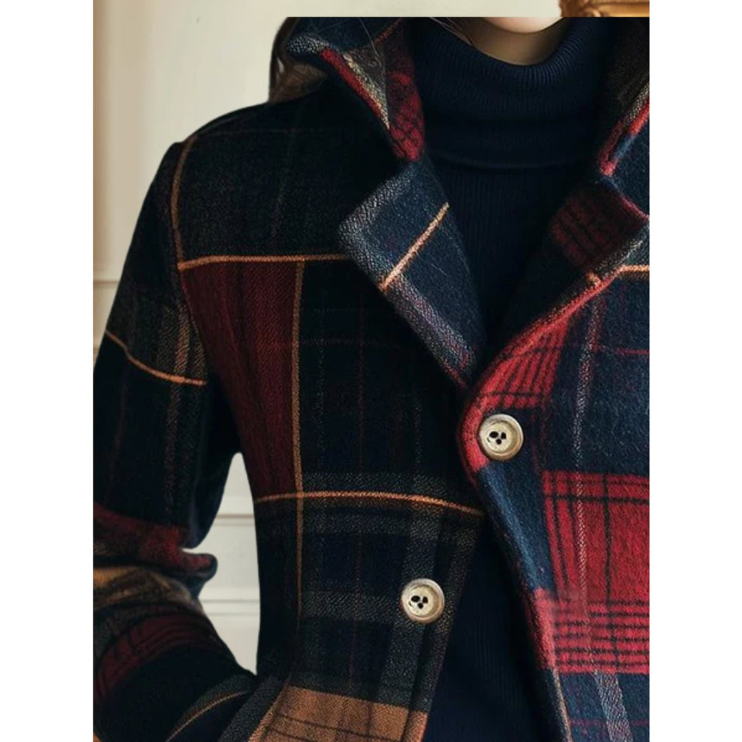 Edith Women's Plaid Patchwork Cropped Jacket in Navy and Red - Elena Harper