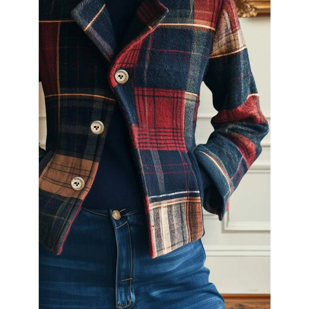 Edith Women's Plaid Patchwork Cropped Jacket in Navy and Red - Elena Harper