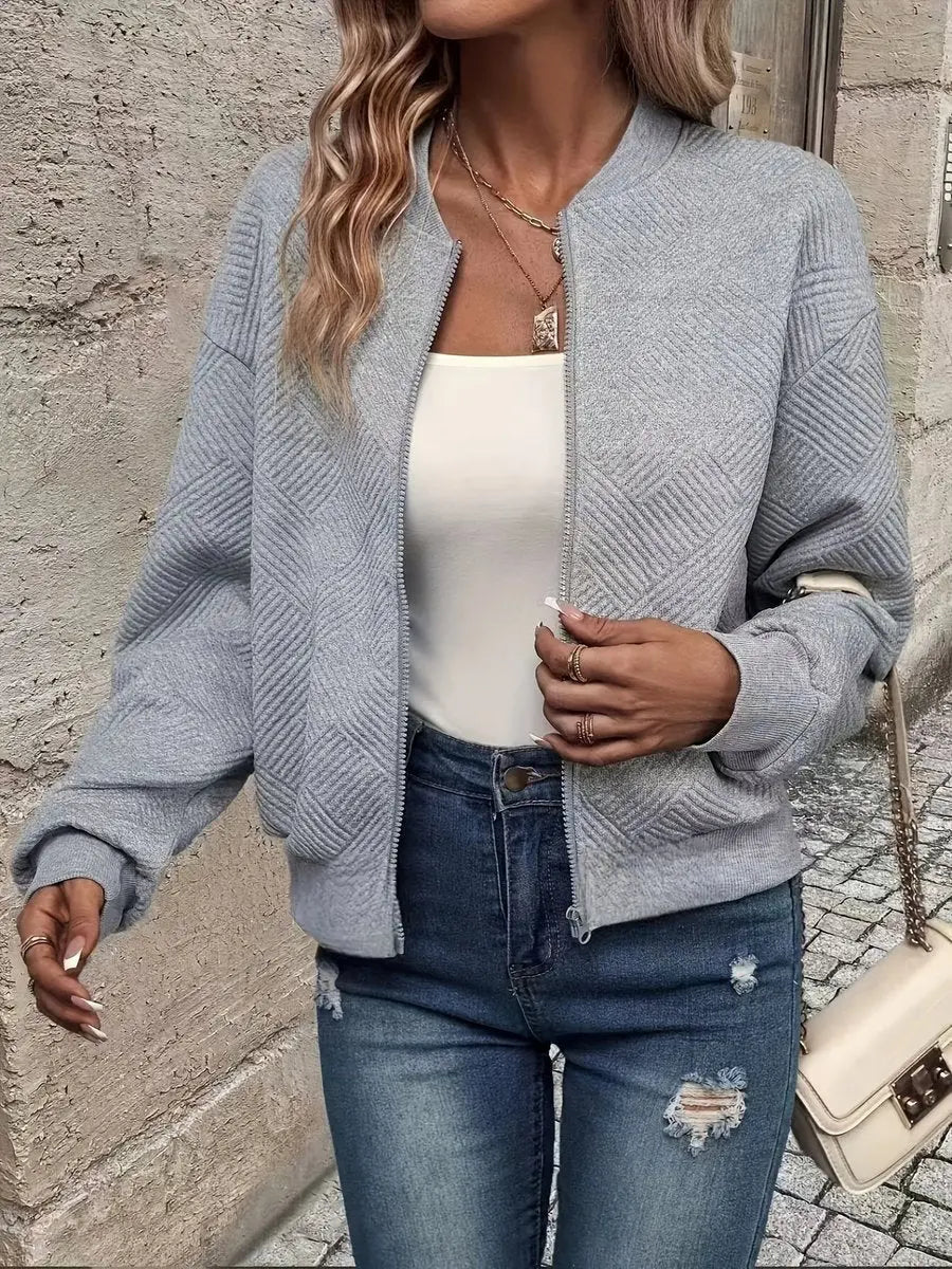 Women's Quilted Zip-Up Bomber Jacket - Cropped & Textured