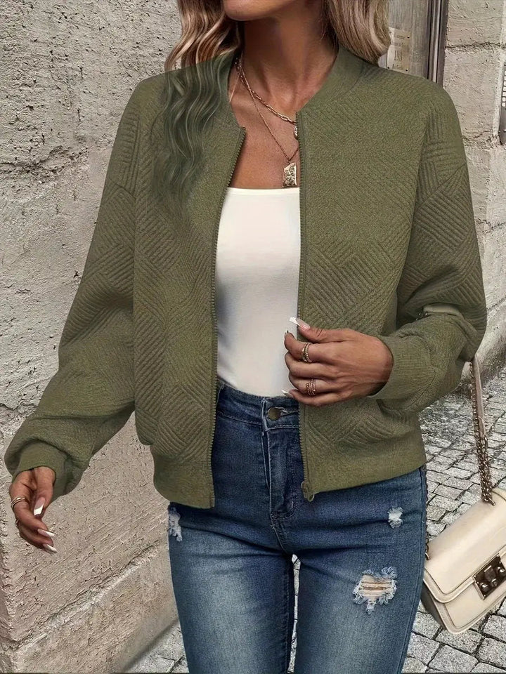 Women's Quilted Zip-Up Bomber Jacket - Cropped & Textured