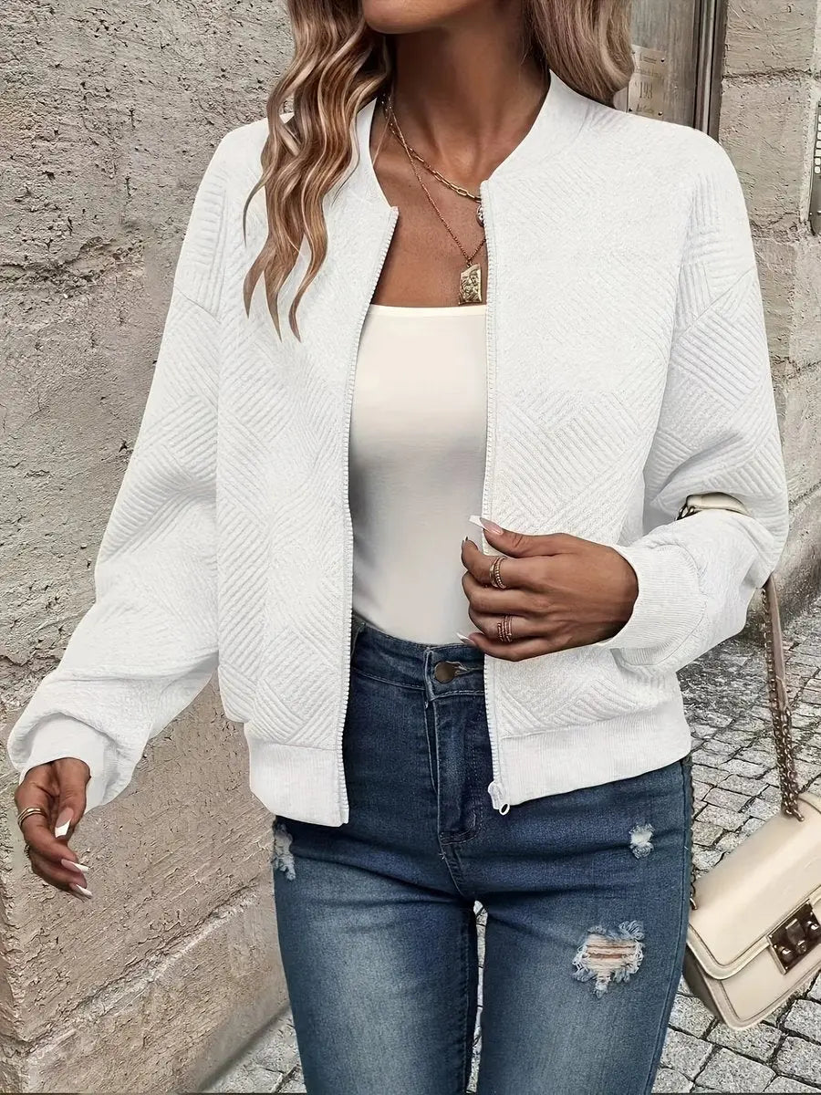 Women's Quilted Zip-Up Bomber Jacket - Cropped & Textured