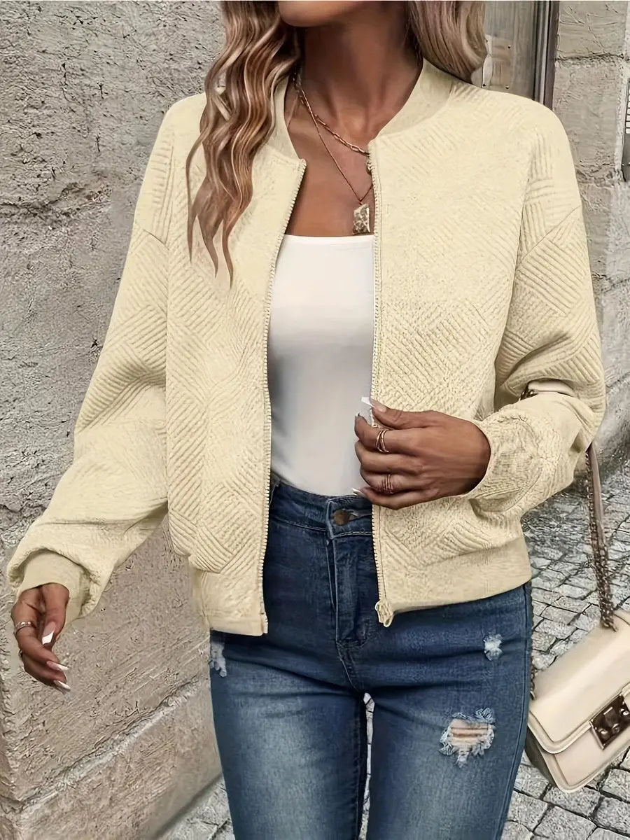 Women's Quilted Zip-Up Bomber Jacket - Cropped & Textured