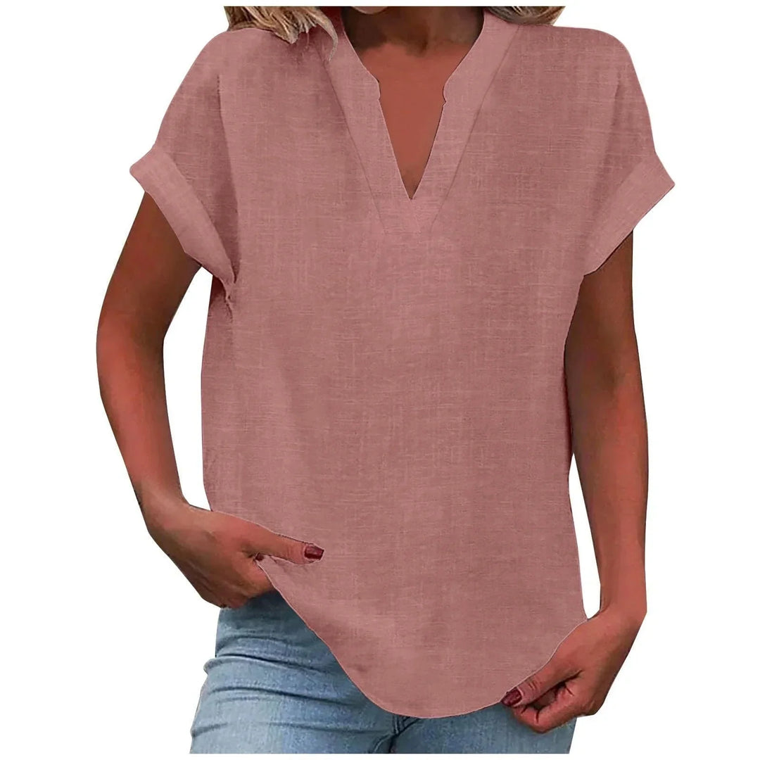 Women's Effortless V-Neck Blouse with Cuffed Sleeves