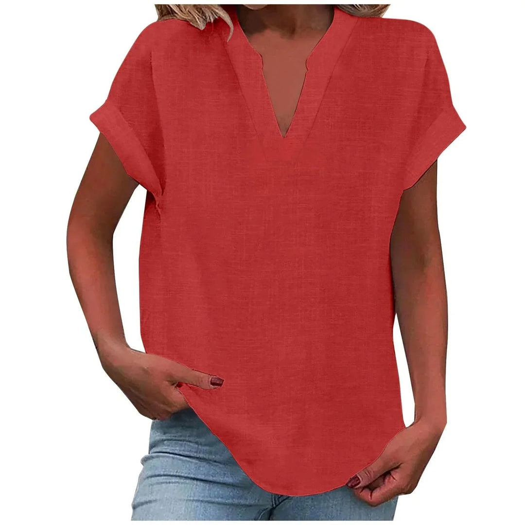 Women's Effortless V-Neck Blouse with Cuffed Sleeves