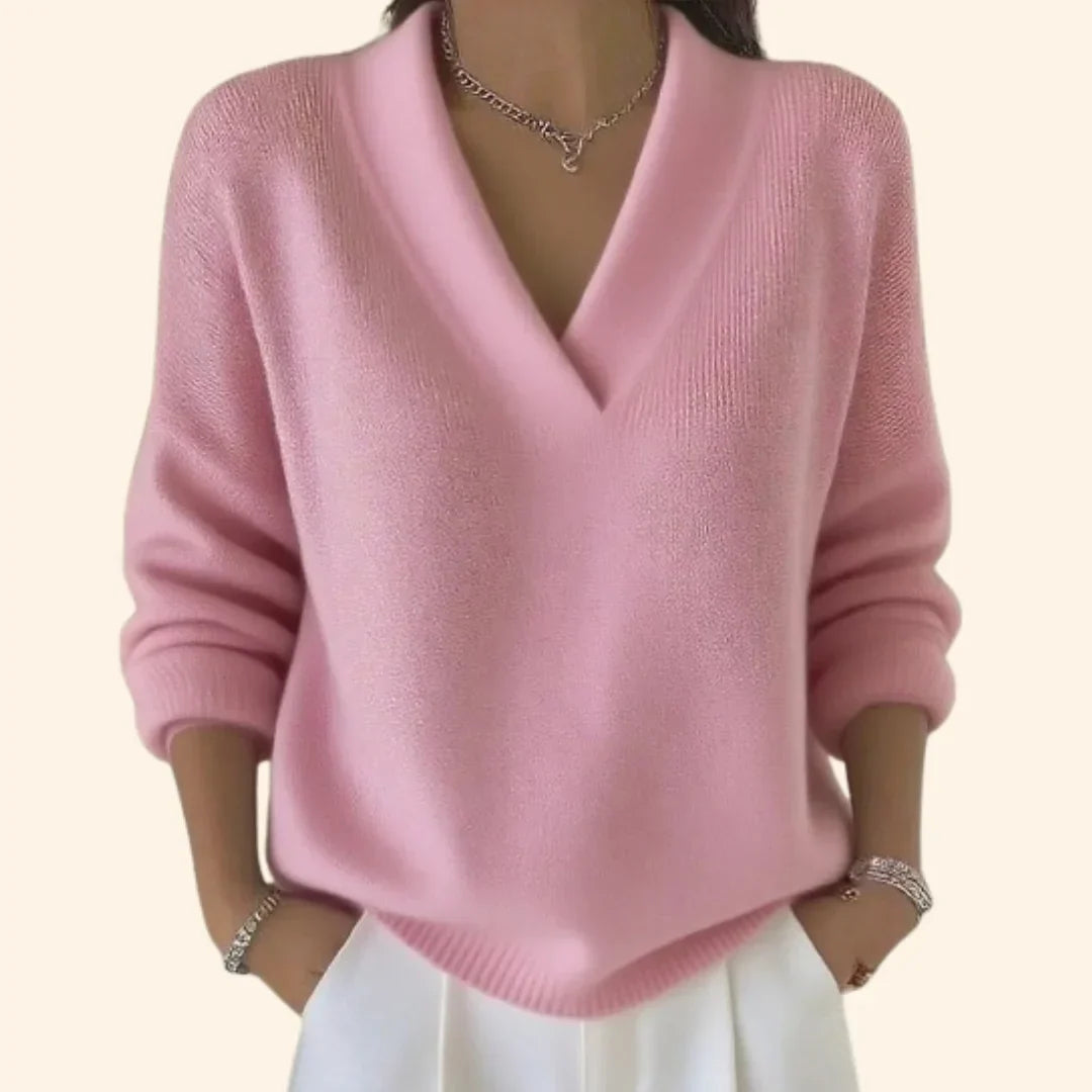 Women's Relaxed Blouse with V-Neck and Long Sleeves