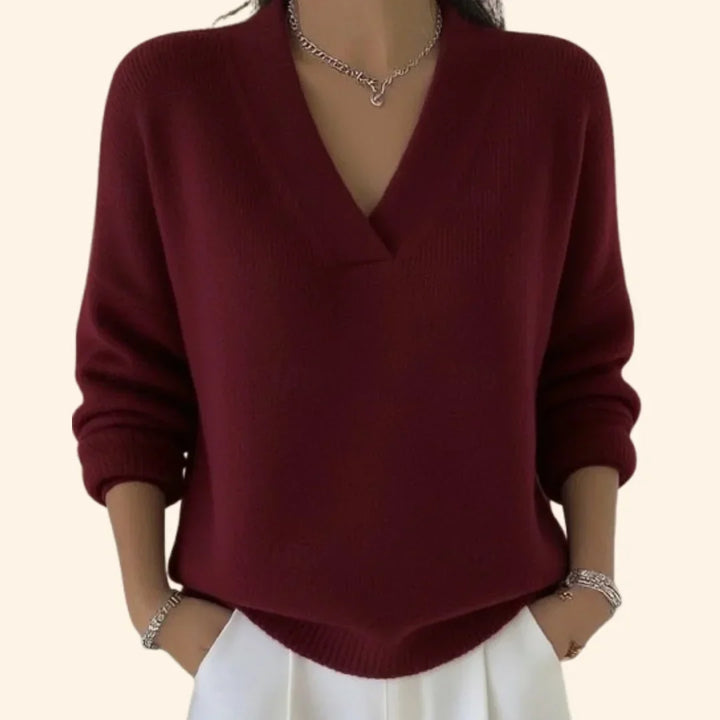Women's Relaxed Blouse with V-Neck and Long Sleeves