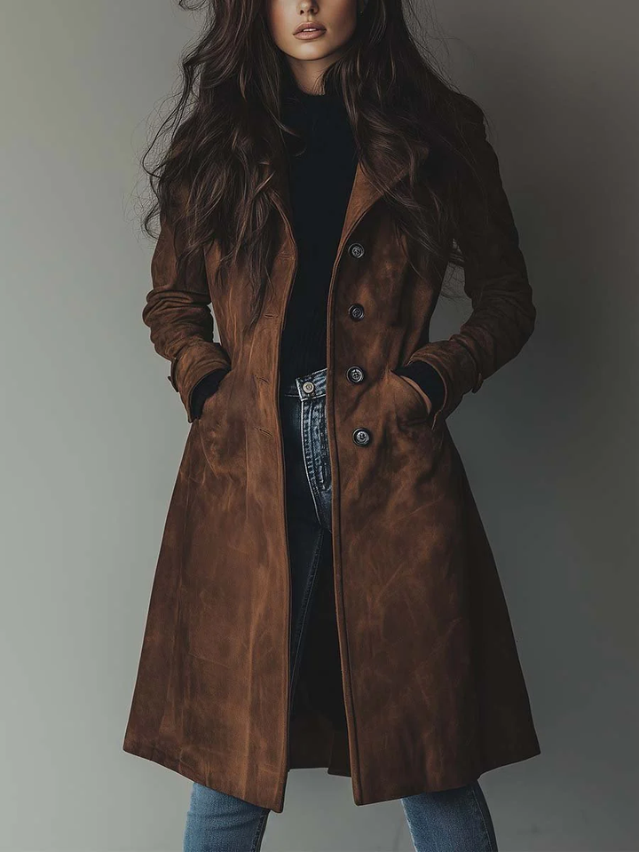 Women's Trench Coat with Notched Collar and Side Pockets