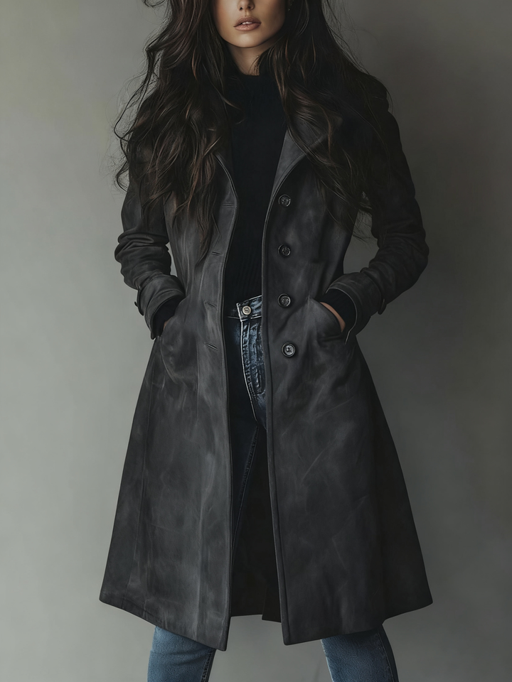 Women's Trench Coat with Notched Collar and Side Pockets