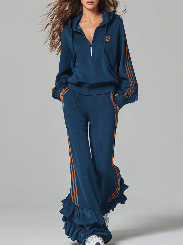 Casual Ruffle Trim Dark Blue Hooded Sweatshirt And Trousers Sports Set - Elena Harper