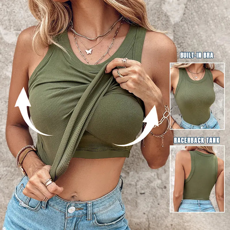 Women's Ribbed Tank Top with Integrated Support and Sculpting Fit