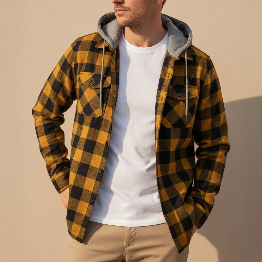 Men's Casual Hooded Checkered Shirt Jacket
