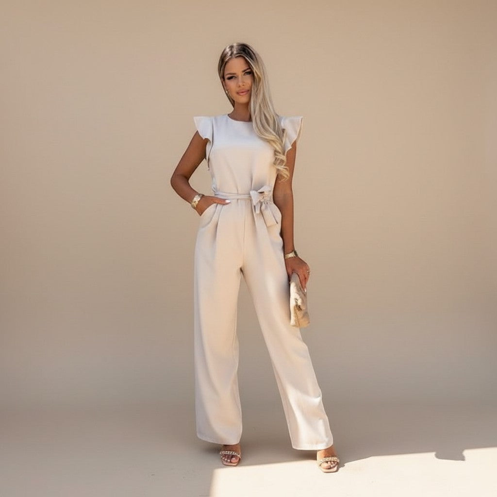 Women's Flutter Sleeve Wide Leg Jumpsuit with Waist Tie - Elegant