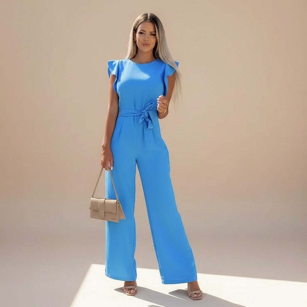 Women's Flutter Sleeve Wide Leg Jumpsuit with Waist Tie - Elegant